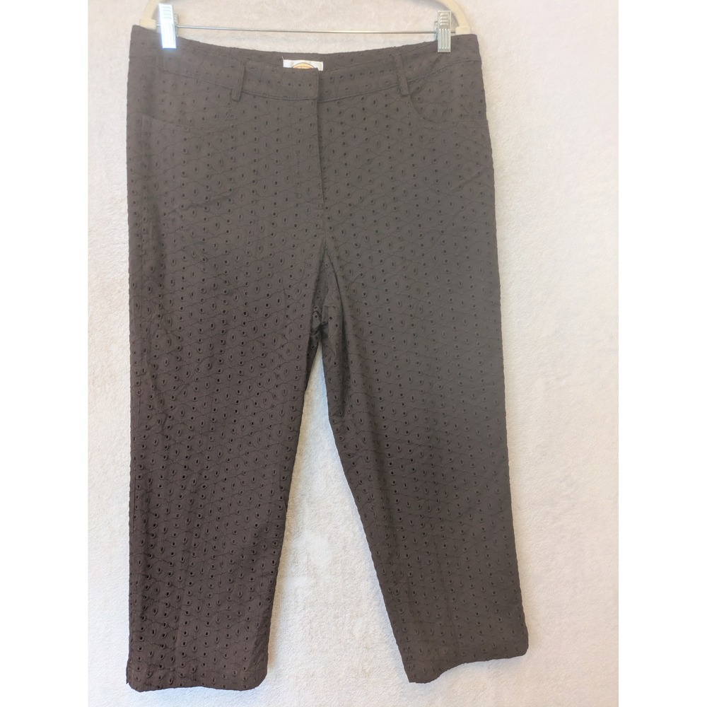 Talbots Pants Women's 14 Dark Brown Eyelet Embroidered Cropped Stretch Lined